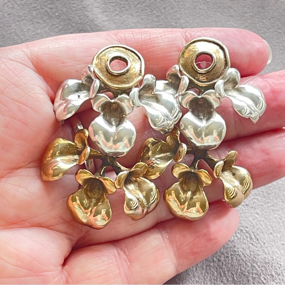 Vintage Signed Luna Parc Kinetic Floral Earrings Sterling Silver Bronze